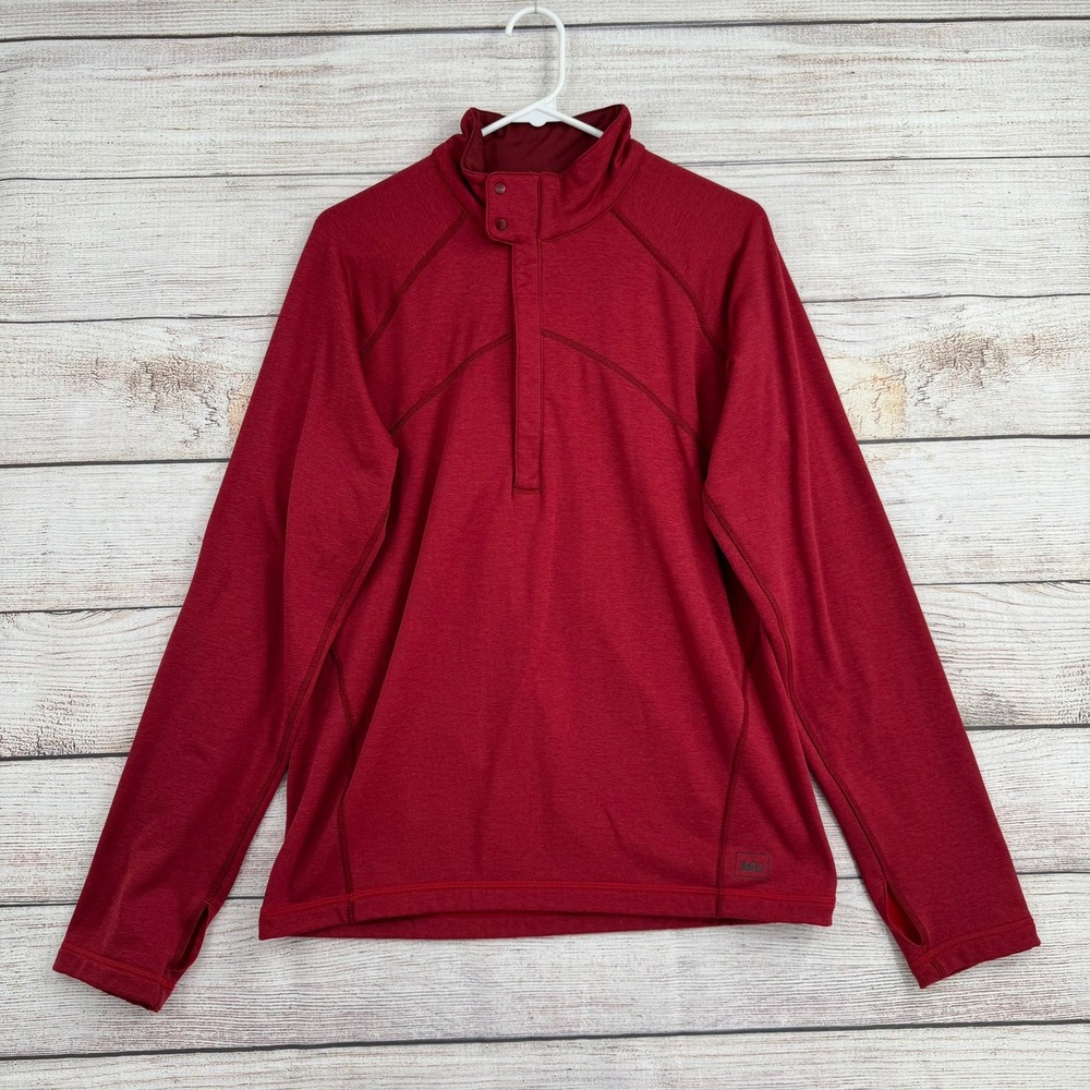 REI Pullover Mens Medium Red Snap Neck Thumbhole Fleece 870034